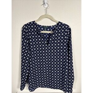 LAUREN RALPH LAUREN‎ Womens Tunic Large Blue  Print Split Neck Boho D2